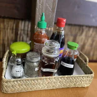 Loads of condiments and they also have prik nam pla. Just need to ask for it.