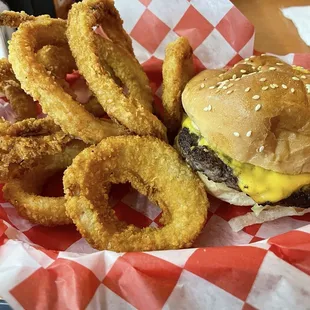 Cheeseburger and onion rings
