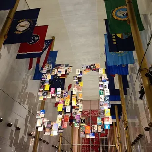 flags hanging from the ceiling
