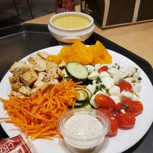 Salad plate. This ended up being more of a "chicken &amp; veggies" deal, but it works. Soup in the background.