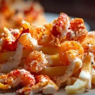 Our Cajun Pizza is layered with a creamy cheese sauce, fresh grilled shrimp and Louisiana crawfish tail meat, Mozzarella, parsley, Louisiana