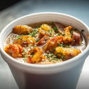 Our famous recipe features our homemade roux, vegetable stock, chicken, Andouille sausage, shrimp, crawfish, trinity, and Louisiana spices s