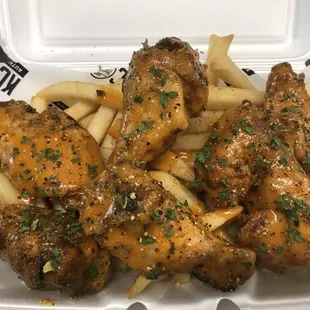 Chicken wings drumettes fried to perfection served with a side of fries, ranch, and ketchup (Flavors: Cajun, BBQ, Buffalo, Lemon Pepper