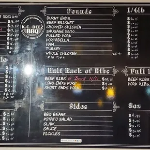 a menu on the wall