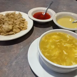 Egg Drop Soup, crispy noodles, sweet &amp; sour and delicious hot mustard