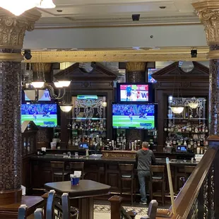 a bar with several televisions