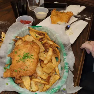 Fish and chips, two healthy sized filets