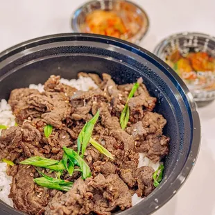 Bulgogi and rice with side of kimchi