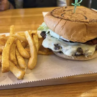 Bacon Cheese Burger.Served with small fries