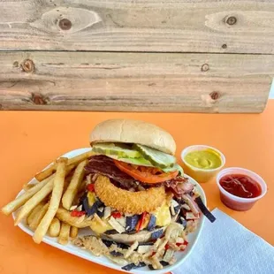 a plate of fries and a burger