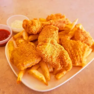 a plate of fried fish and fries