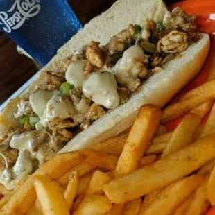 a hot dog and french fries