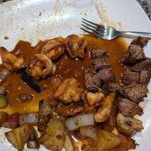 Filet, shrimp dinner.  Had already dug into eating when I remembered a picture!!