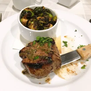 Filet mignon and market side of crispy Brussels sprouts