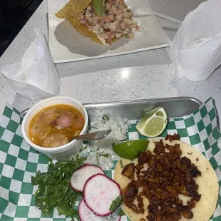 Shrimp Camaroon Tostadas , street tacos with fixings