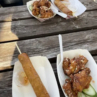 Tempura Garlic Wings and Pork Egg Roll on a stick