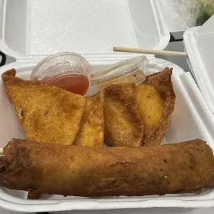 Egg Roll on a stick and Cream Cheese Puffs (Wontons)