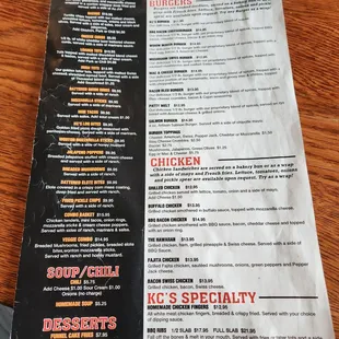 the menu of the restaurant