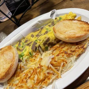 Build your own omelette (gyro, onion, pepper, pepper jack) comes with English muffin &amp; hash browns