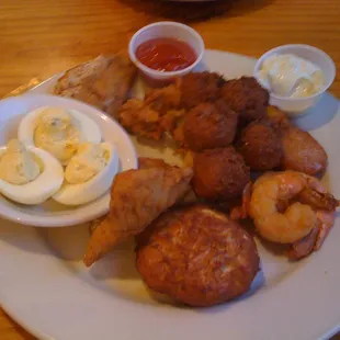 Shrimp, Crab Cakes, Hush Puppies