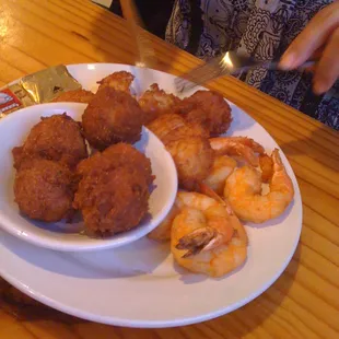Shrimp, Crab Cakes, Hush Puppies