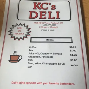 a menu for a coffee shop