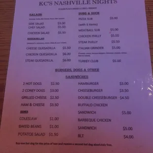 Menu with prices