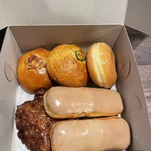 Chorizo, Egg, and Cheese Kolache, Glazed Donuts, Bars Donuts, Apple Fritter Donuts