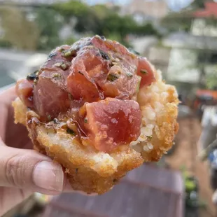 a hand holding a piece of food