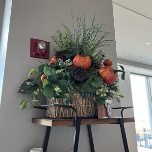 a basket of pumpkins on a shelf