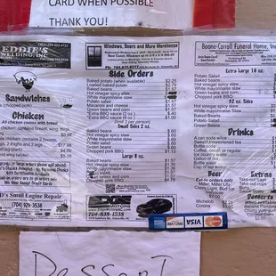 Menu if ordering to go from the restaurant