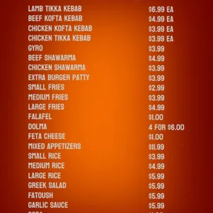 prices for the kebab and gyro house