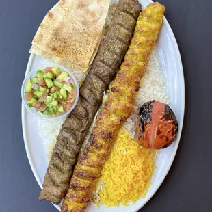Combo Koobideh. One skewer of ground beef and one skewer of ground chicken.