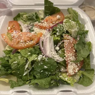 this salad and a small hummus side missing my garlic sauce and missing my chicken! wth...