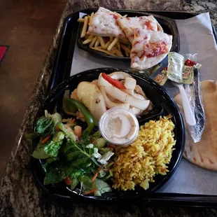 Chicken Shwarma entree for dad and pita pizza with fries for the baby.