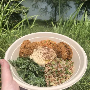 Quinoa - 2 kinds, hummus, falafel, kale salad