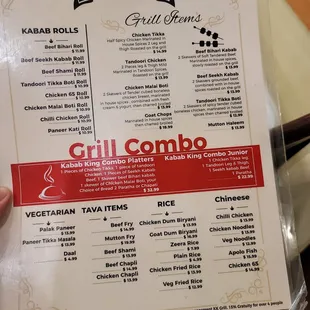 the menu for the kebab king grill combo