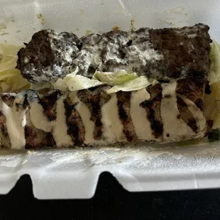 One chicken and one beef skewer (wish they would have been bigger)