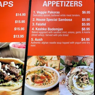 a menu for appetizers