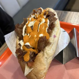 The Classic Angus Beef Doner with Garlic and Chili sauces. Can't beat the baked bread here!