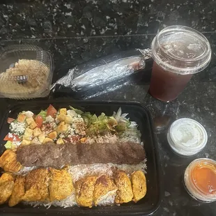 Combo beef and chicken kabob plate. Delicious!