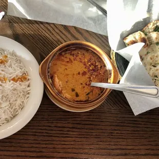 Chicken Tikka Masala with Biryani rice and Garlic Naan