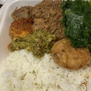 Beef rendang plate. Serve with kale, beef rendang (2pcs), egg with red sambel, mashed potato (big and good), and anchovy green sambel.