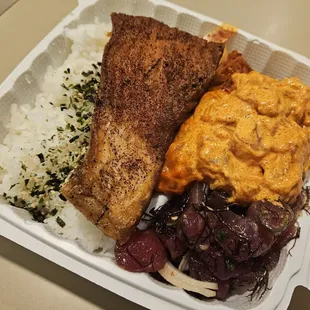 Salmon Belly with Double Poke. Spicy Salmon and House Poke $18.95.