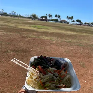 String beans with pork, chow fun and maki sushi