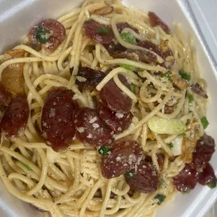 Chinese sausage garlic noodles