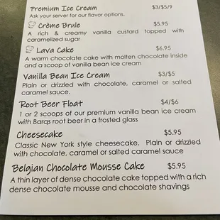 Dessert menu