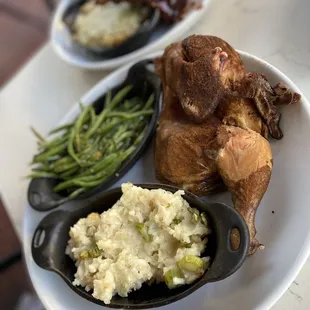 Smoked half chicken with risotto and green beans