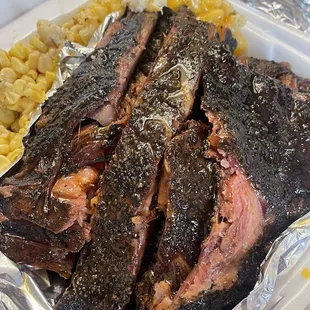 Ribs, corn, Mac and cheese