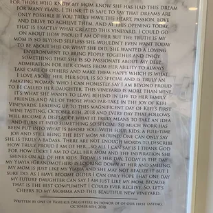 Welcome message about the vineyard and the dream that became reality.